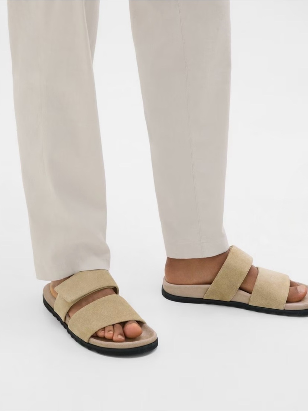 Theory Suede Double-Strap Slide Sandals in Beige